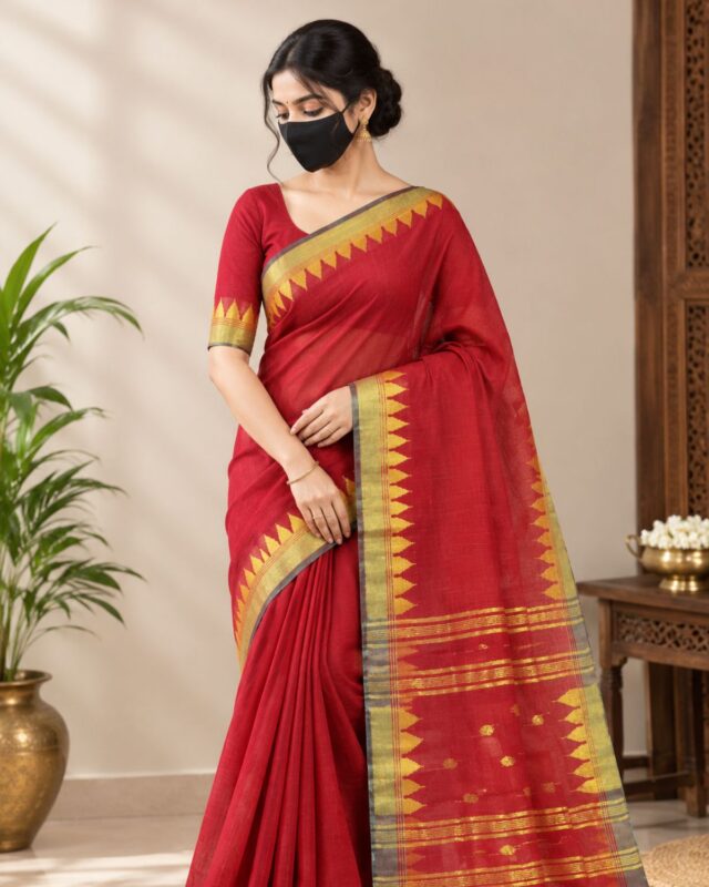 Handwoven Red Manipuri Saree with Zari Border Bilasini