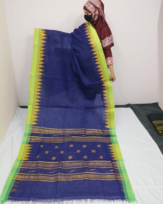 Handwoven Manipuri Saree | Navy Blue & Lime Green | Bilasini