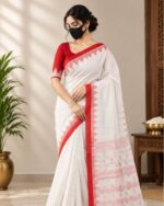 traditional red and white pure cotton Manipuri saree