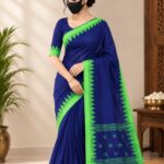 Handwoven Royal Blue Cotton Manipuri Saree with Lime Green Moirang Border