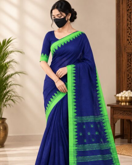 Handwoven Royal Blue Cotton Manipuri Saree with Lime Green Moirang Border