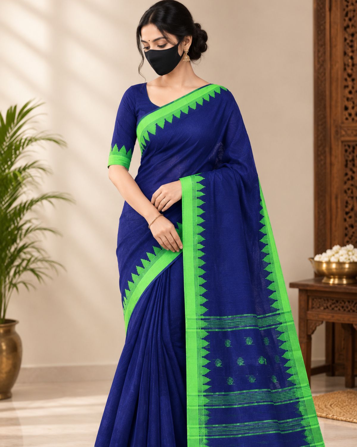 Handwoven Royal Blue Cotton Manipuri Saree with Lime Green Moirang Border