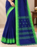 Handwoven Royal Blue Cotton Manipuri Saree with Lime Green Moirang Border - Image 2